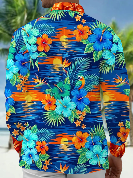 Adaychic Men's Hawaiian Floral Tropical Hibiscus Parrot Sunset Print Long Sleeve Button Down Shirt with Chest Pocket