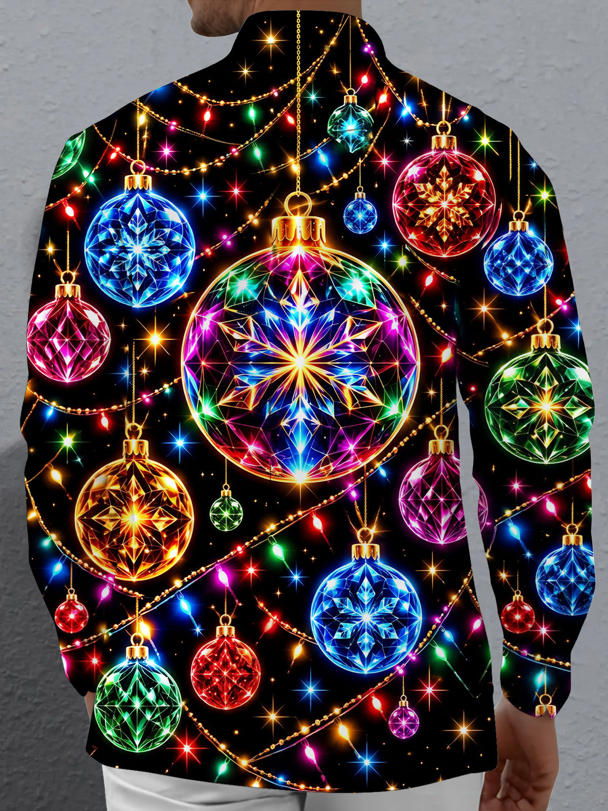 Adaychic Men's Graphic Christmas Ornaments And Lights Print Long Sleeve Shirt with Chest Pocket
