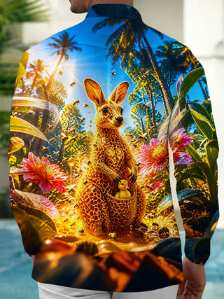 Adaychic Men's Graphic Honeycomb Kangaroo Print Long Sleeve Shirt with Chest Pocket