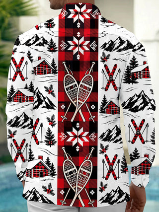 Adaychic Men's Long Sleeve Shirt - Winter Skiing Scenes With Snowy Mountains And Cabins Print with Chest Pocket