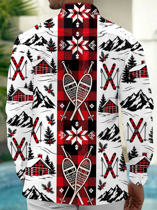 Adaychic Men's Long Sleeve Shirt - Winter Skiing Scenes With Snowy Mountains And Cabins Print with Chest Pocket
