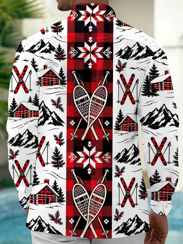 Adaychic Men's Long Sleeve Shirt - Winter Skiing Scenes With Snowy Mountains And Cabins Print with Chest Pocket