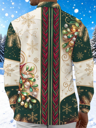 Adaychic Men's Christmas Ornaments And Snowflakes Print Long Sleeve Shirt with Chest Pocket