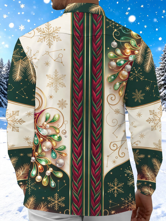 Adaychic Men's Christmas Ornaments And Snowflakes Print Long Sleeve Shirt with Chest Pocket