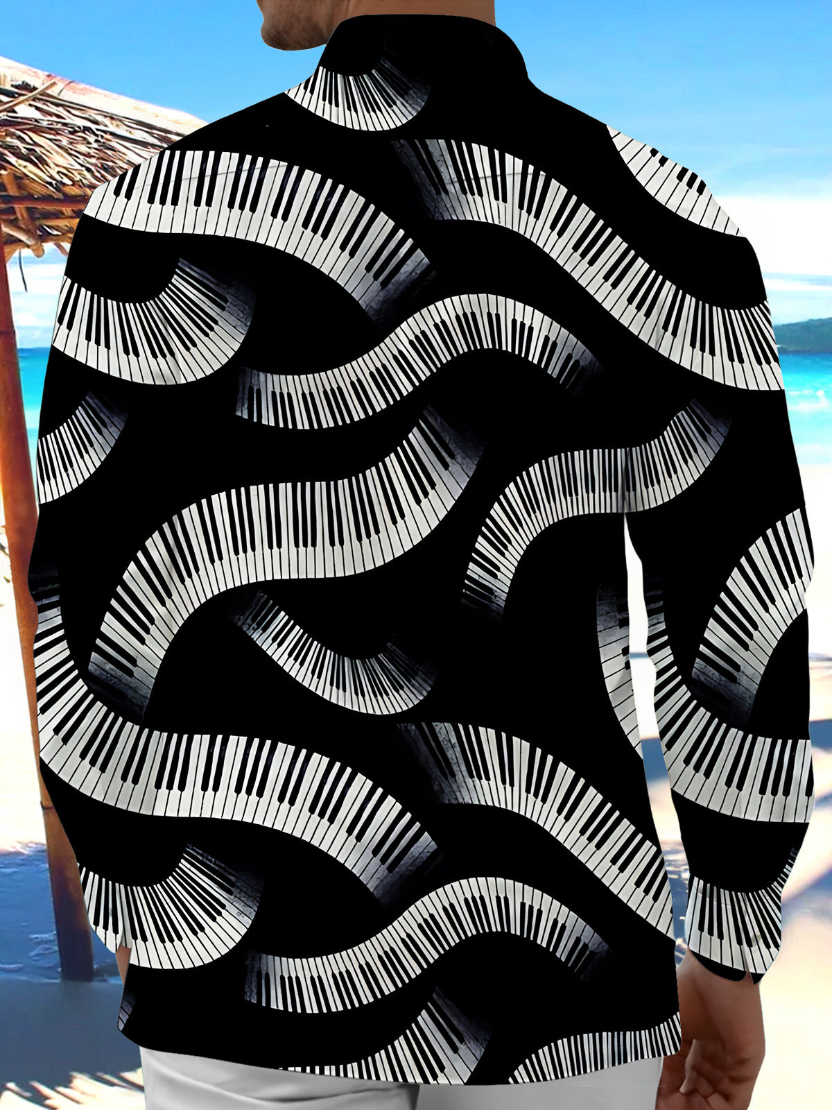 Adaychic Men's Graphic Wavy Piano Keys Print Long Sleeve Shirt with Chest Pocket