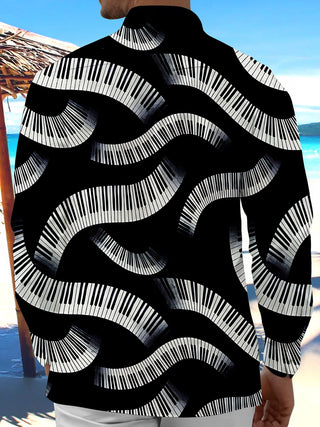 Adaychic Men's Graphic Wavy Piano Keys Print Long Sleeve Shirt with Chest Pocket