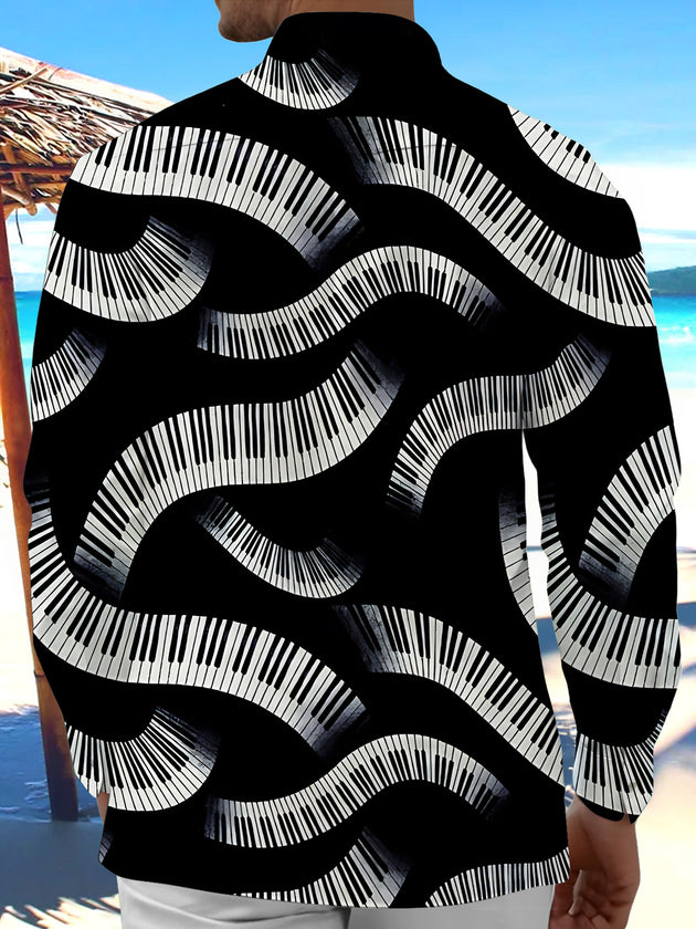 Adaychic Men's Graphic Wavy Piano Keys Print Long Sleeve Shirt with Chest Pocket
