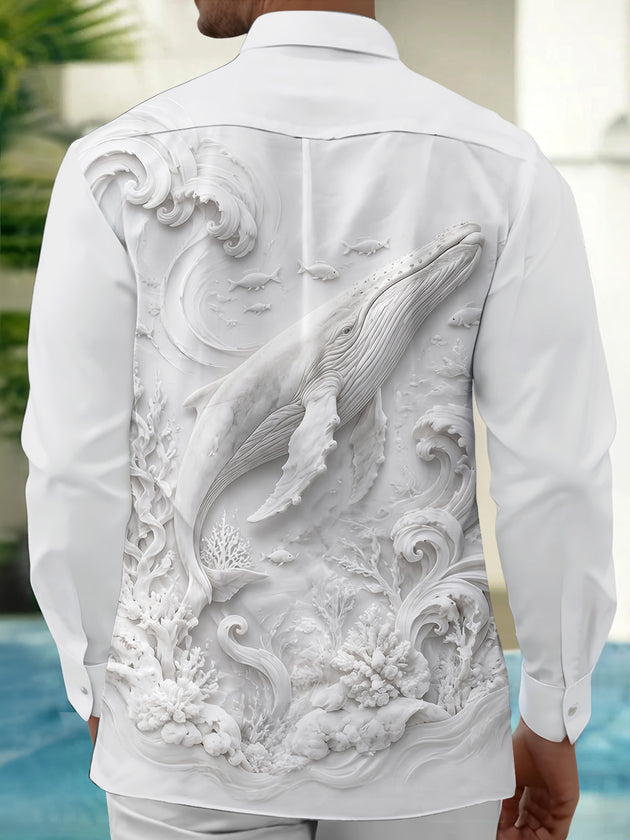 Adaychic Men's Graphic 3D Whale Relief Print Long Sleeve Shirt with Chest Pocket