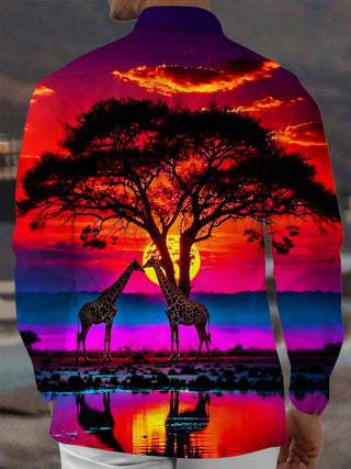 Adaychic Men's Printed Giraffe Sunset Landscape Print Long Sleeve Shirt with Chest Pocket