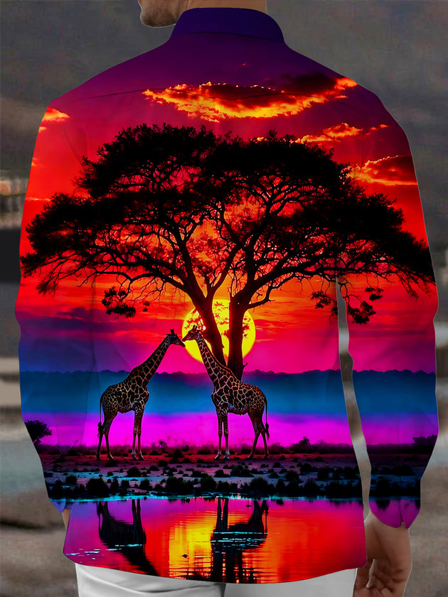 Adaychic Men's Printed Giraffe Sunset Landscape Print Long Sleeve Shirt with Chest Pocket