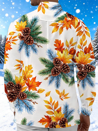 Adaychic Men's Long Sleeve Shirt - Autumn Maple Leaves And Winter Pine Cones With Pine Needles Print with Chest Pocket
