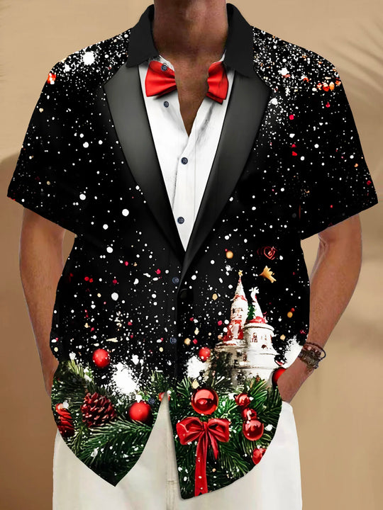 Men's red Christmas Hawaiian short sleeve shirt front view for holiday party