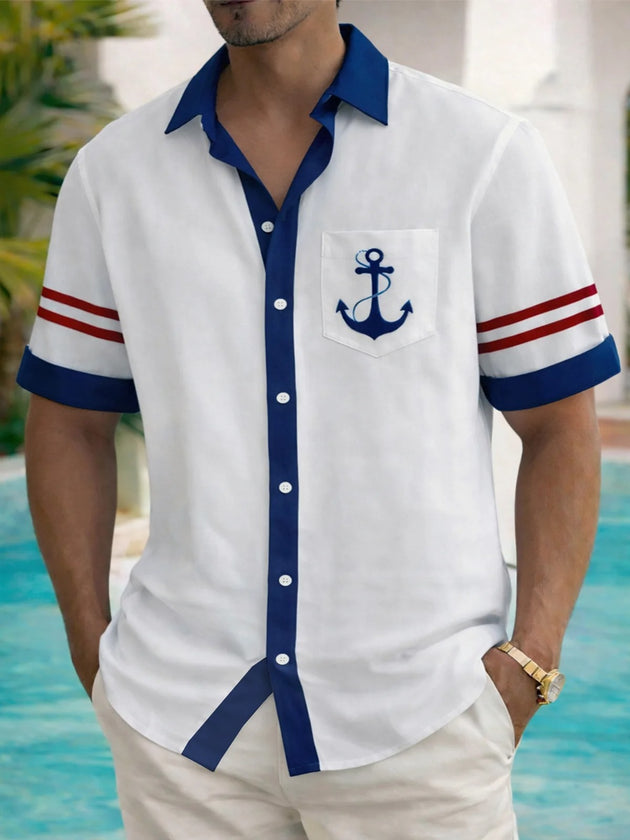 men's blue anchor striped print short sleeve shirt front view