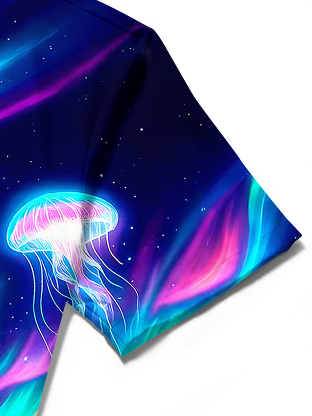 Men's Hawaiian jellyfish print short sleeve shirt fabric texture close-up detail