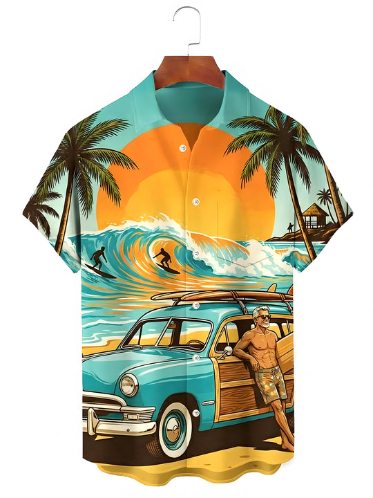 Men's Hawaiian wave print short sleeve shirt front view vacation resort wear