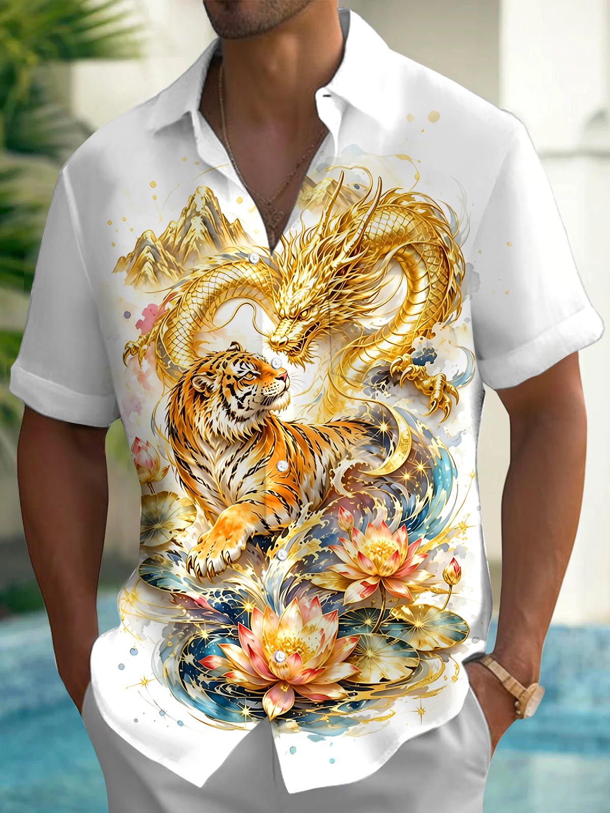 Art Golden Dragon Tiger Mountain Landscape Lotus Men's Pocket Short Sleeve Shirts