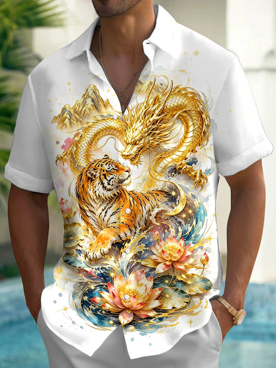 Art Golden Dragon Tiger Mountain Landscape Lotus Men's Pocket Short Sleeve Shirts