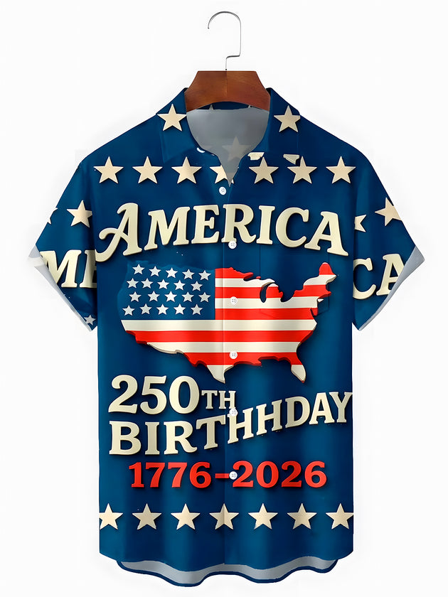 Men's American flag print pocket short sleeve shirt front view Independence Day
