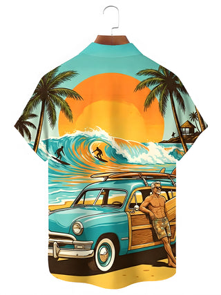 Men's Hawaiian wave print short sleeve pocket shirt back view