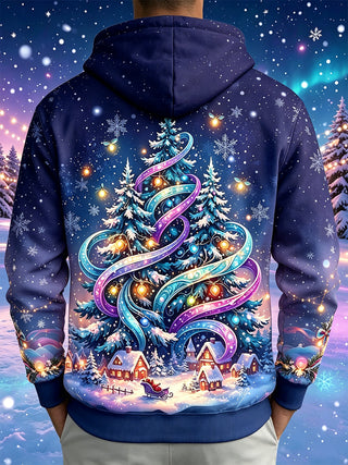 Adaychic Men's Christmas Tree And Winter Village Print Long Sleeve Hoodie