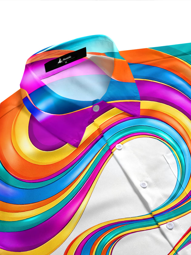 Adaychic Men's Abstract Colorful Swirl Ribbon Print Short Sleeve Shirt with Chest Pocket