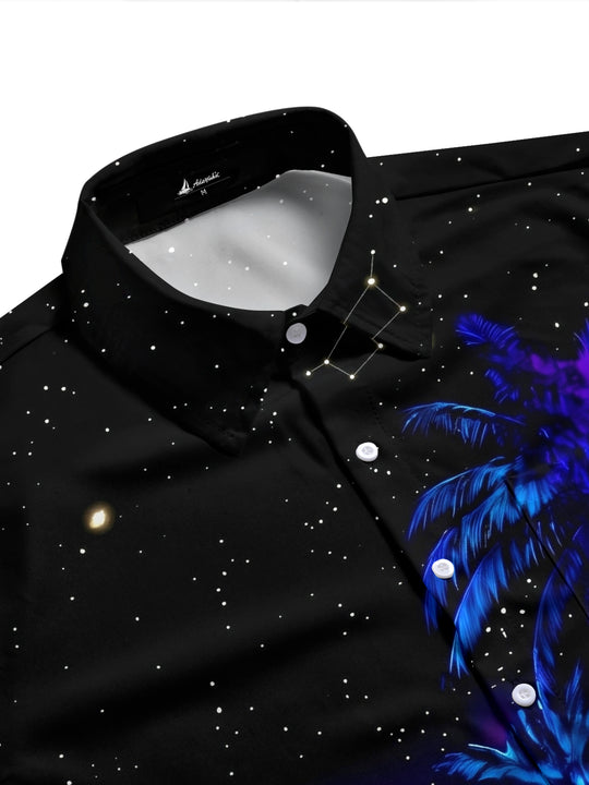 Adaychic Men's Black Graphic Tropical Palm Tree Sunset Print Short Sleeve Button Down Shirt with Chest Pocket