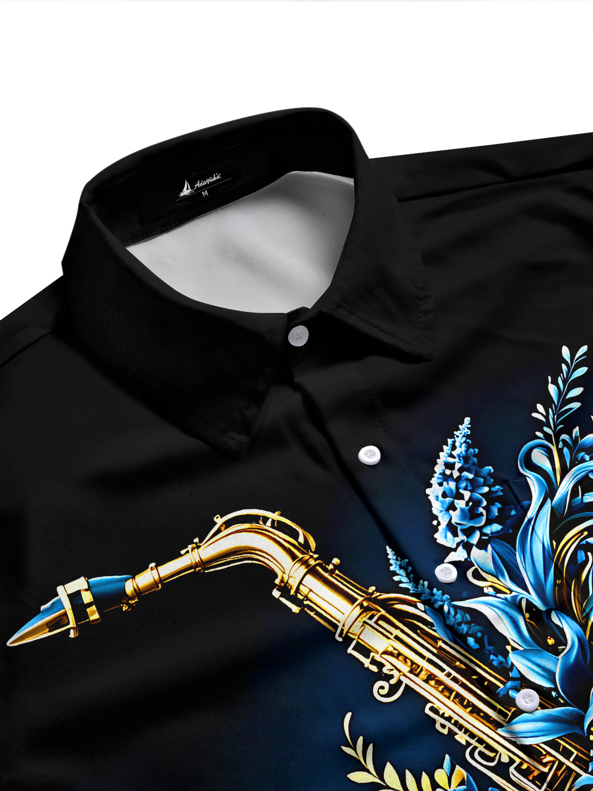 Adaychic Men's Gold Graphic Saxophone Blue Floral Print Long Sleeve Button Down Shirt with Chest Pocket