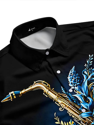 Adaychic Men's Gold Graphic Saxophone Blue Floral Print Long Sleeve Button Down Shirt with Chest Pocket