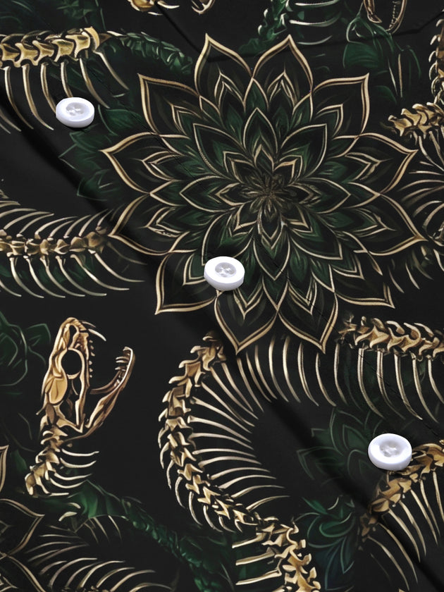 Adaychic Men's Snake Skeleton And Floral Mandala Print Long Sleeve Shirt with Chest Pocket