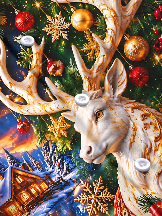 Adaychic Men's Long Sleeve Shirt - Golden White Deer And Christmas Ornaments Print with Chest Pocket