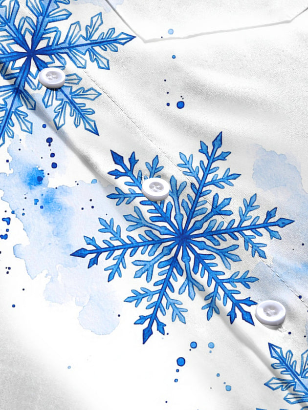 Adaychic Men's Blue Snowflakes With Watercolor Splashes Print Long Sleeve Shirt with Chest Pocket