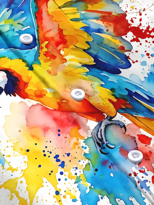 Adaychic Men's Short Sleeve Shirt - Watercolor Macaw Parrot With Splatter Paint Print with Chest Pocket