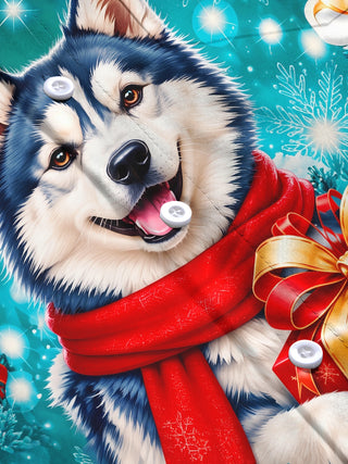 Adaychic Men's Long Sleeve Shirt - Christmas Husky Dog With Red Scarf And Gift Box Print with Chest Pocket