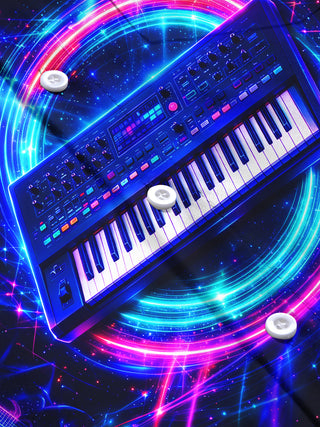 Adaychic Men's Long Sleeve Stand Collar Shirt - Neon Synthesizer Keyboard And Musical Instruments Print