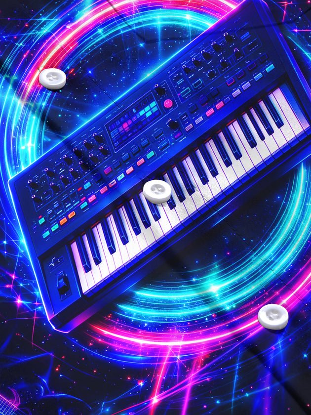 Adaychic Men's Long Sleeve Stand Collar Shirt - Neon Synthesizer Keyboard And Musical Instruments Print