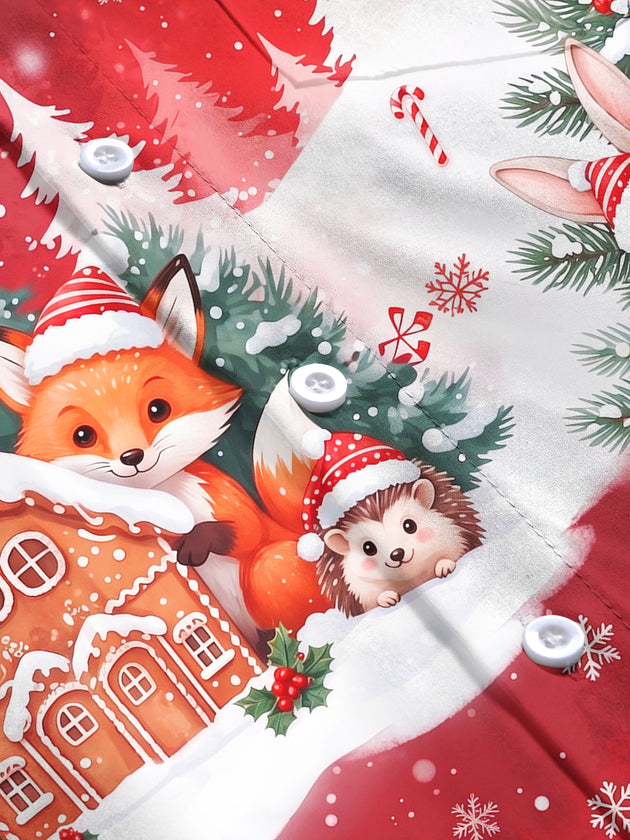 Adaychic Men's Long Sleeve Shirt - Cute Animals In Snowy Forest With Gingerbread House Print with Chest Pocket