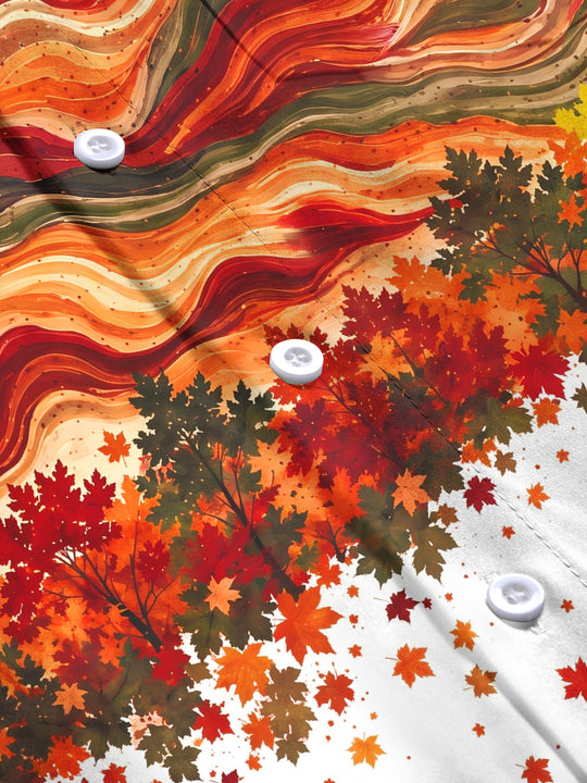 Adaychic Men's Autumn Maple Leaves And Wavy Lines Print Long Sleeve Shirt with Chest Pocket