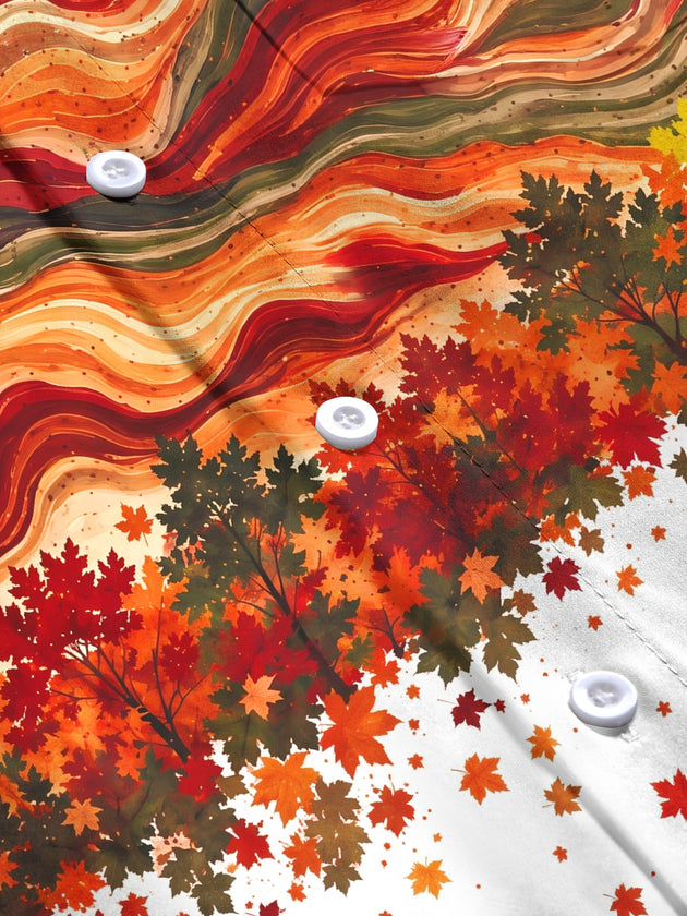 Adaychic Men's Autumn Maple Leaves And Wavy Lines Print Long Sleeve Shirt with Chest Pocket