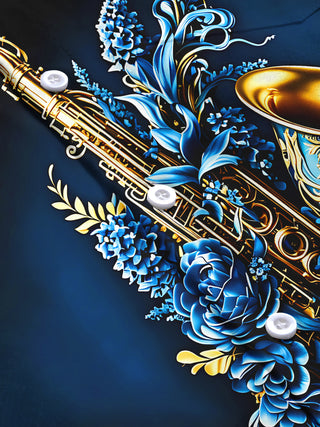 Adaychic Men's Gold Graphic Saxophone Blue Floral Print Long Sleeve Button Down Shirt with Chest Pocket