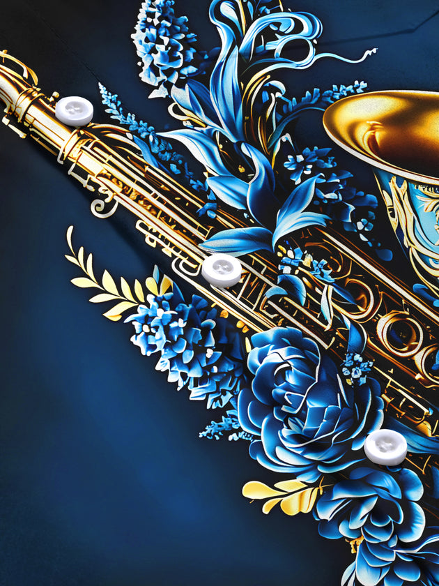 Adaychic Men's Graphic Saxophone Blue Floral Print Long Sleeve Button Down Shirt with Chest Pocket