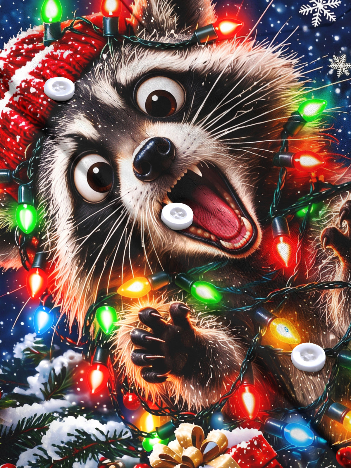 Adaychic Men's Raccoon With Christmas Lights And Hat Print Long Sleeve Shirt with Chest Pocket