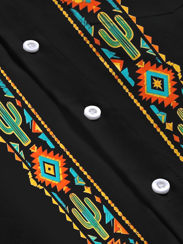 Adaychic Men's Cactus And Geometric Western Patterns Print Long Sleeve Shirt with Chest Pocket