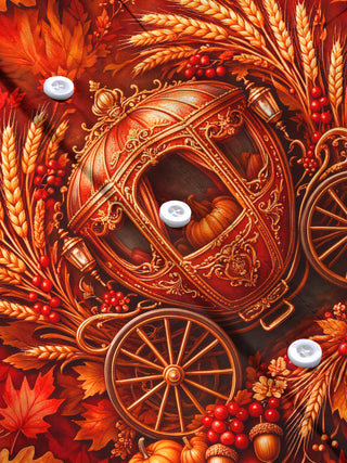 Adaychic Men's Autumn Carriage With Pumpkins And Leaves Print Long Sleeve Shirt with Chest Pocket