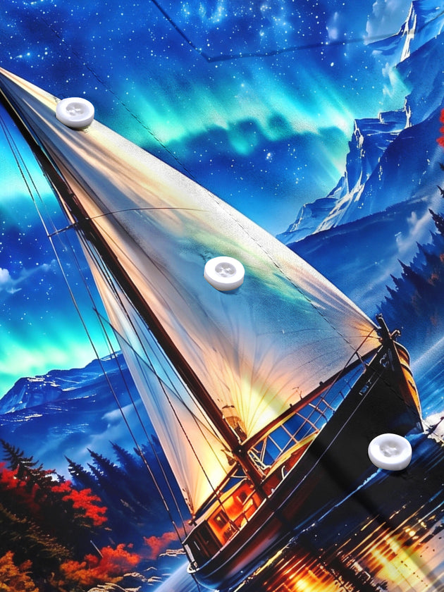 Adaychic Men's Long Sleeve Shirt - Sailing Boat On Lake With Aurora Borealis Print with Chest Pocket