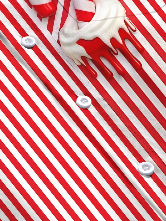 Adaychic Men's Striped Candy Cane Print Long Sleeve Shirt with Chest Pocket