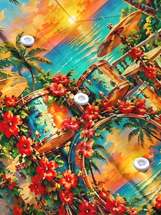 Adaychic Men's Hawaiian Drum Set And Tropical Sunset Print Long Sleeve Shirt with Chest Pocket