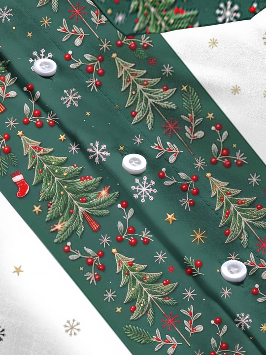 Adaychic Men's Striped Christmas Trees And Snowflakes Print Long Sleeve Shirt with Chest Pocket