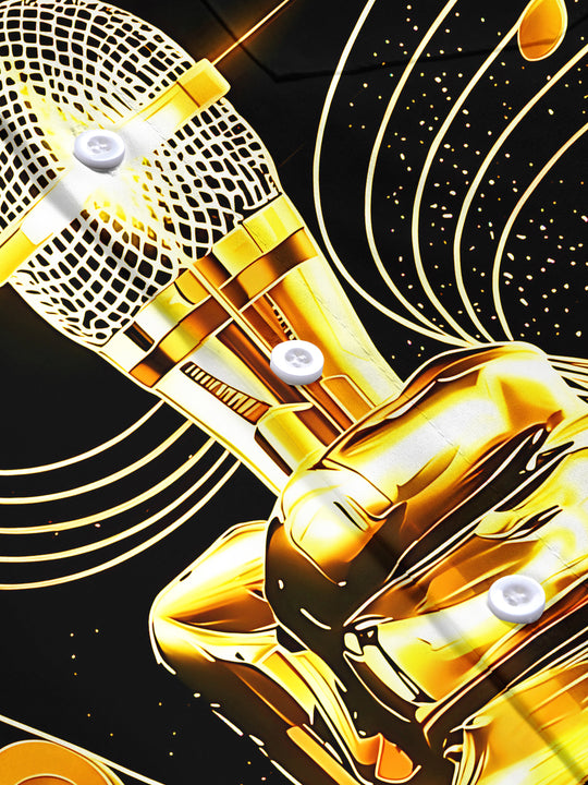 Adaychic Men's Graphic Golden Microphone Print Short Sleeve Shirt with Chest Pocket