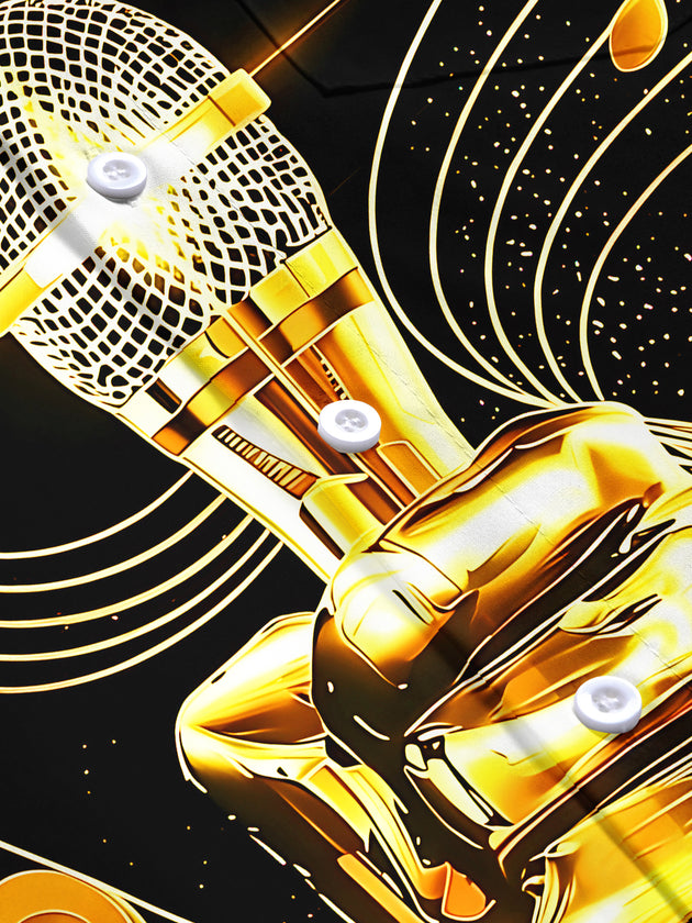Adaychic Men's Graphic Golden Microphone Print Short Sleeve Shirt with Chest Pocket