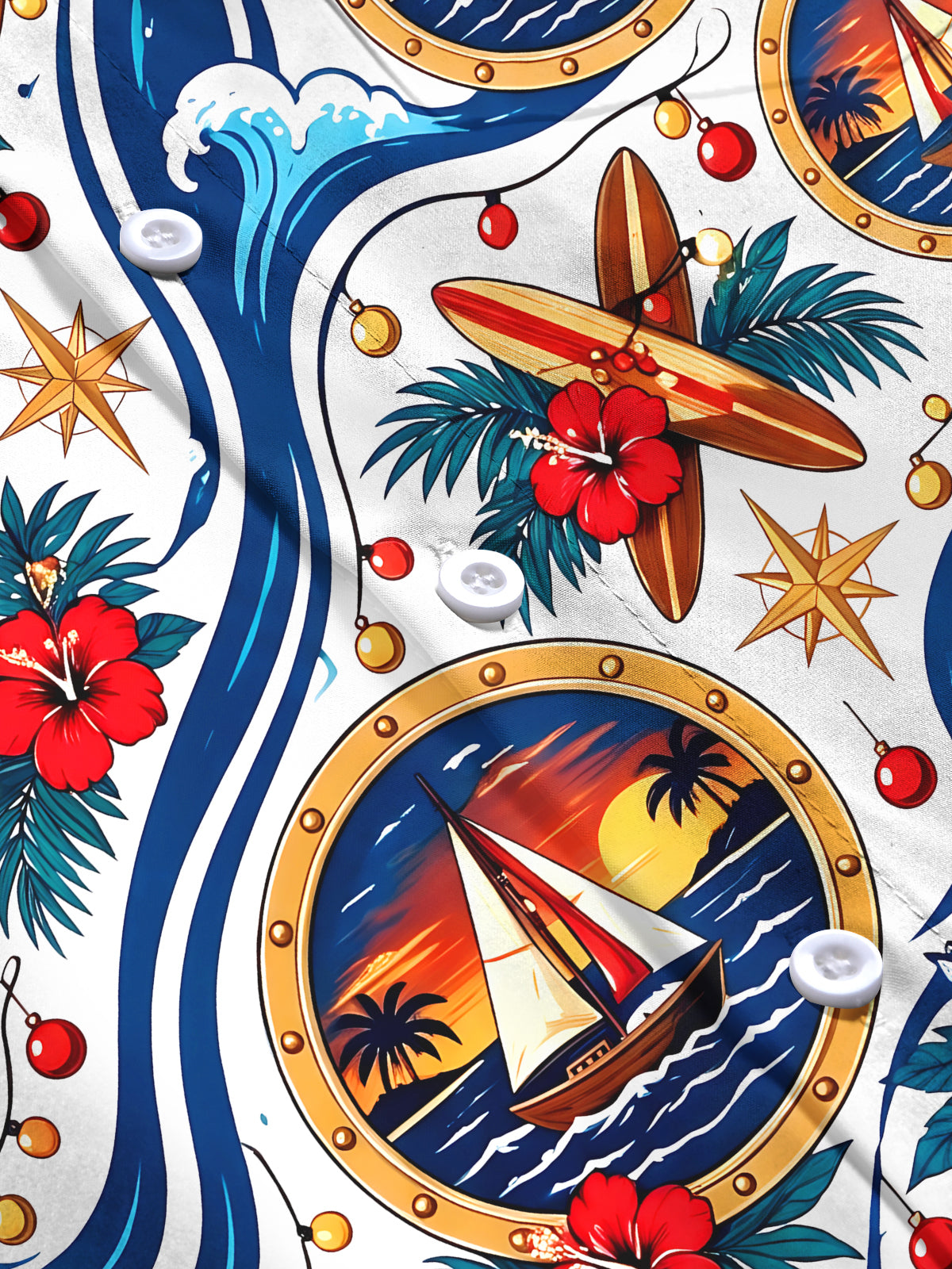 Adaychic Men's Long Sleeve Shirt - Christmas Ornaments And String Lights Print Sailing Boat In Porthole And Tropical Waves Print